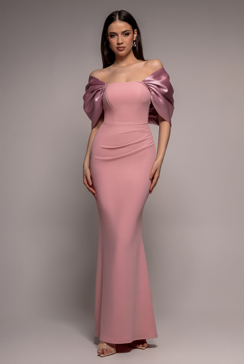 Goddiva Off Shoulder Back Satin Bow Scuba Maxi Dress - Blush Pink