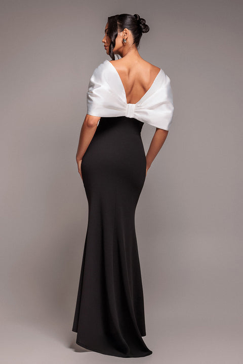 Goddiva Contrast Off Shoulder Back Satin Bow Scuba Maxi Dress - Black Cream