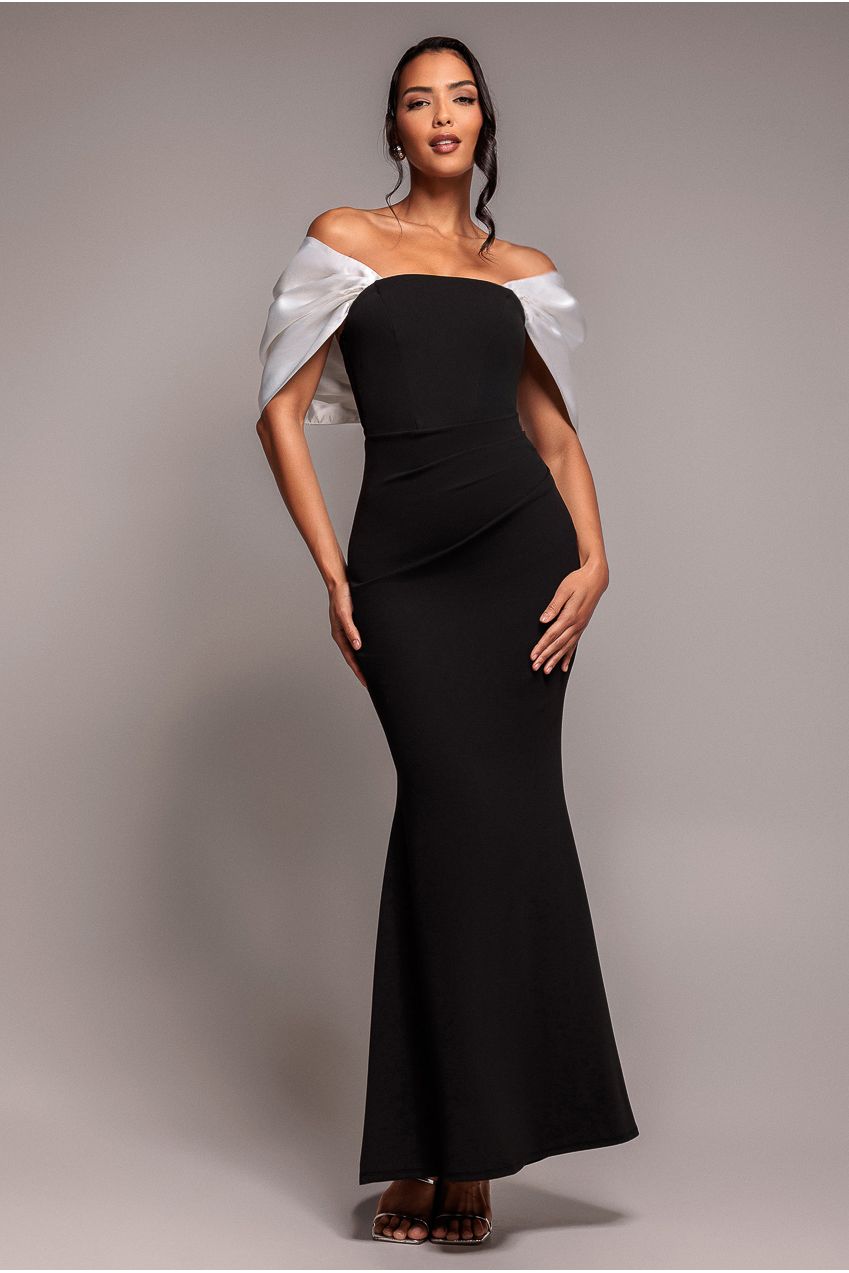Goddiva Contrast Off Shoulder Back Satin Bow Scuba Maxi Dress - Black Cream