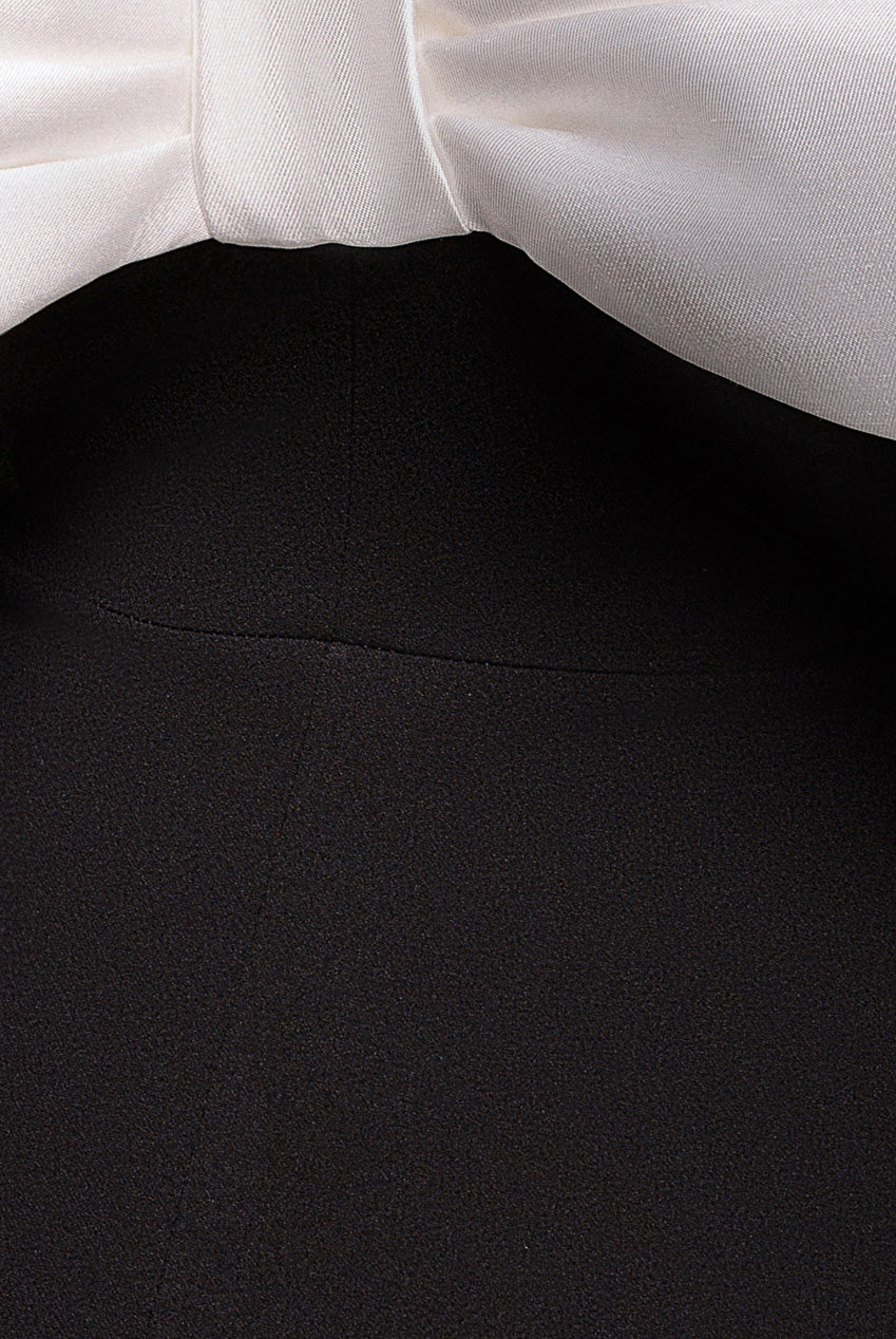 Goddiva Contrast Off Shoulder Back Satin Bow Scuba Maxi Dress - Black Cream