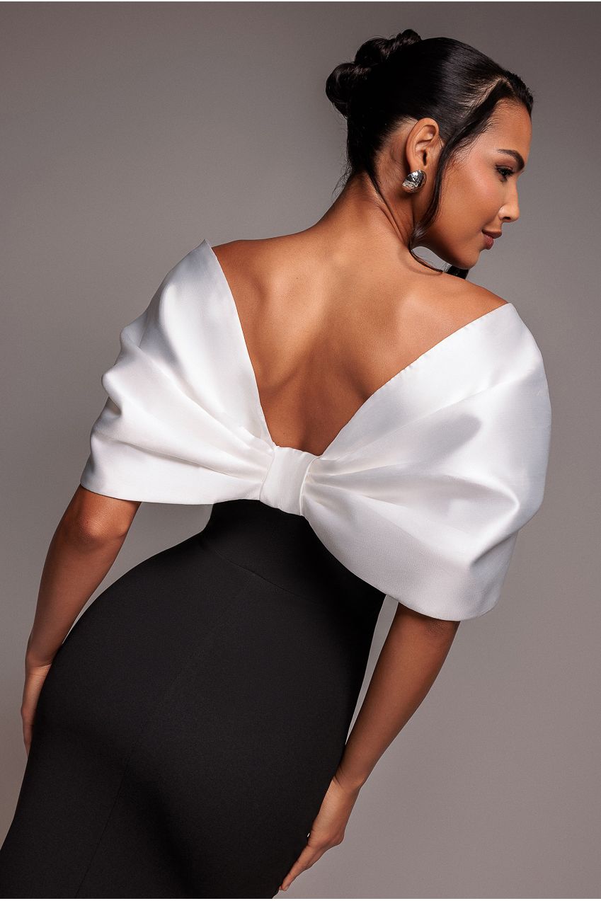Goddiva Contrast Off Shoulder Back Satin Bow Scuba Maxi Dress - Black Cream