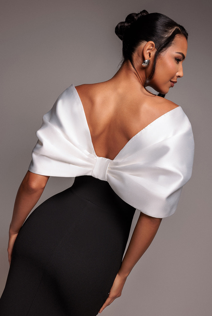 Goddiva Contrast Off Shoulder Back Satin Bow Scuba Maxi Dress - Black Cream