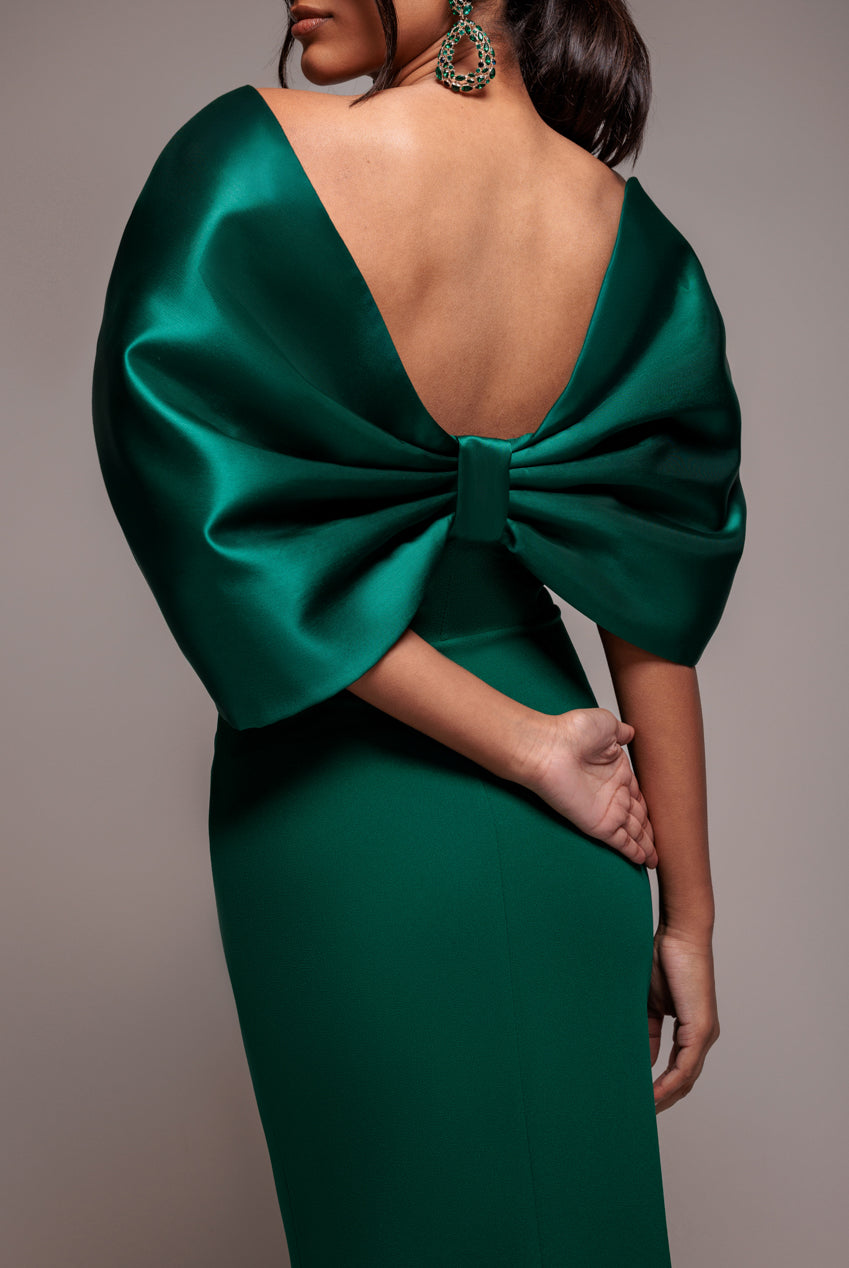 Goddiva Off Shoulder Back Satin Bow Scuba Maxi Dress - Emerald Green