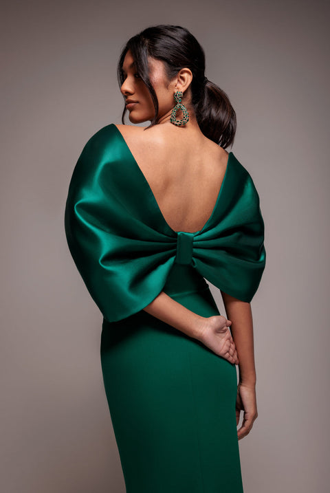 Goddiva Off Shoulder Back Satin Bow Scuba Maxi Dress - Emerald Green