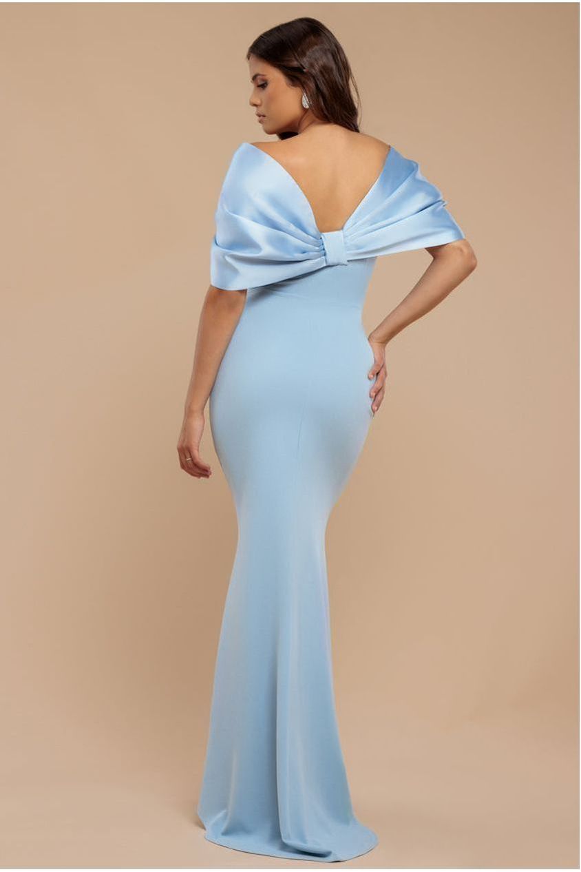 Goddiva Off Shoulder Back Satin Bow Scuba Maxi Dress - Light Blue