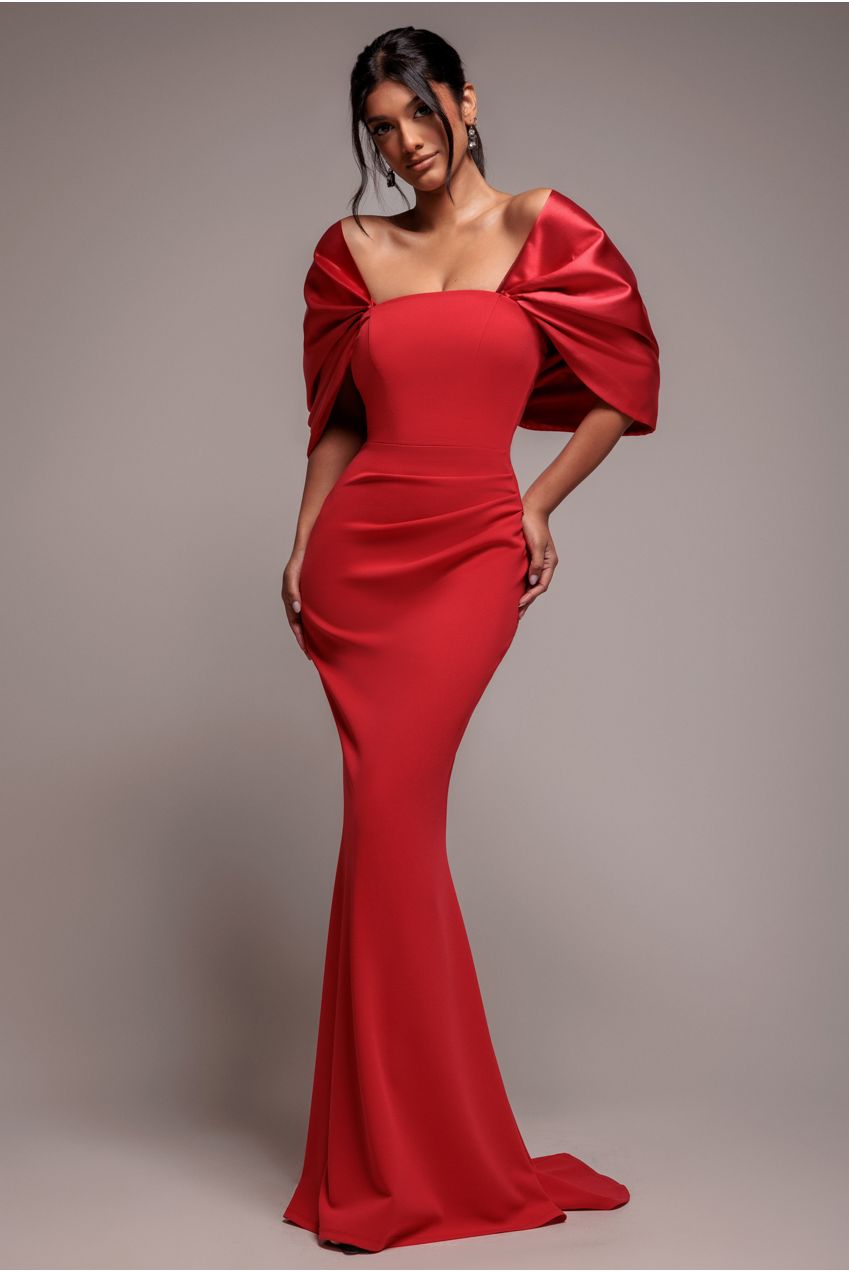 Goddiva Off Shoulder Back Satin Bow Scuba Maxi Dress - Red