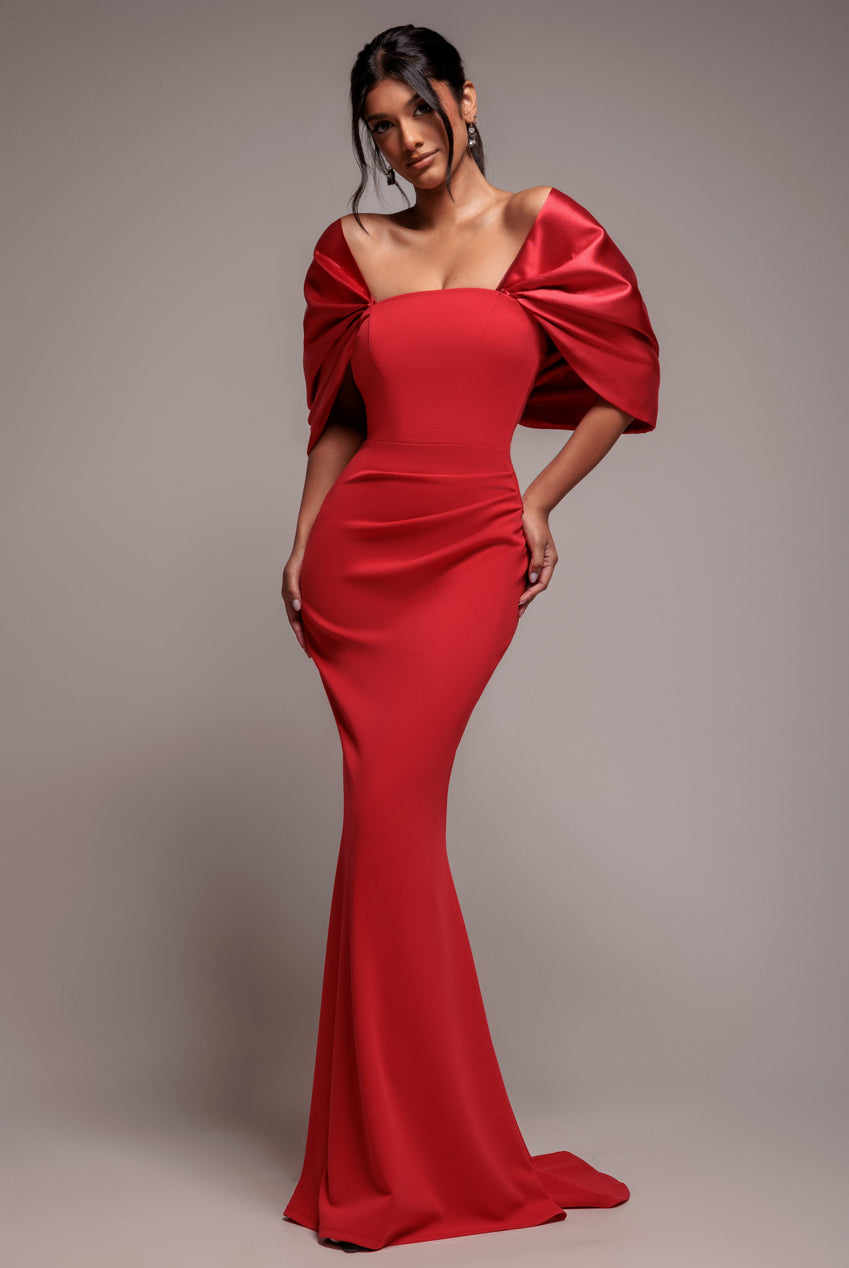 Goddiva Off Shoulder Back Satin Bow Scuba Maxi Dress - Red