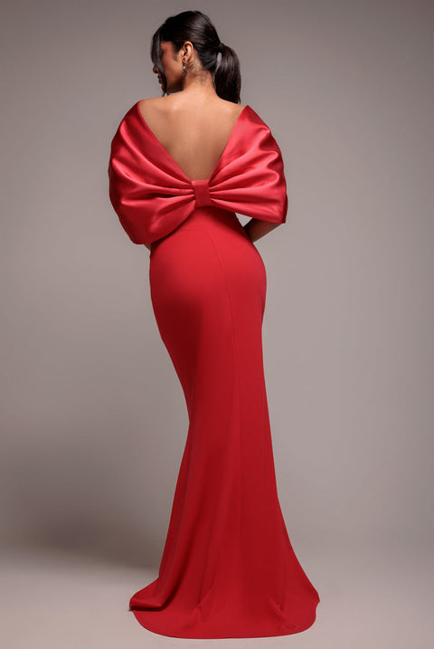 Goddiva Off Shoulder Back Satin Bow Scuba Maxi Dress - Red