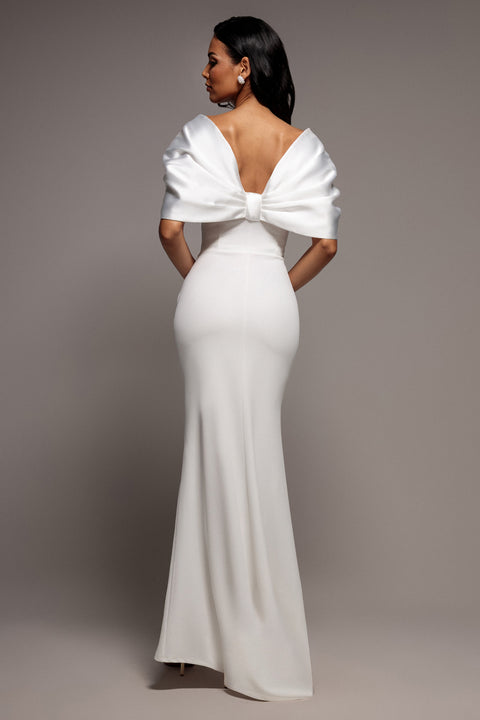 Goddiva Off Shoulder Back Satin Bow Scuba Maxi Dress - White