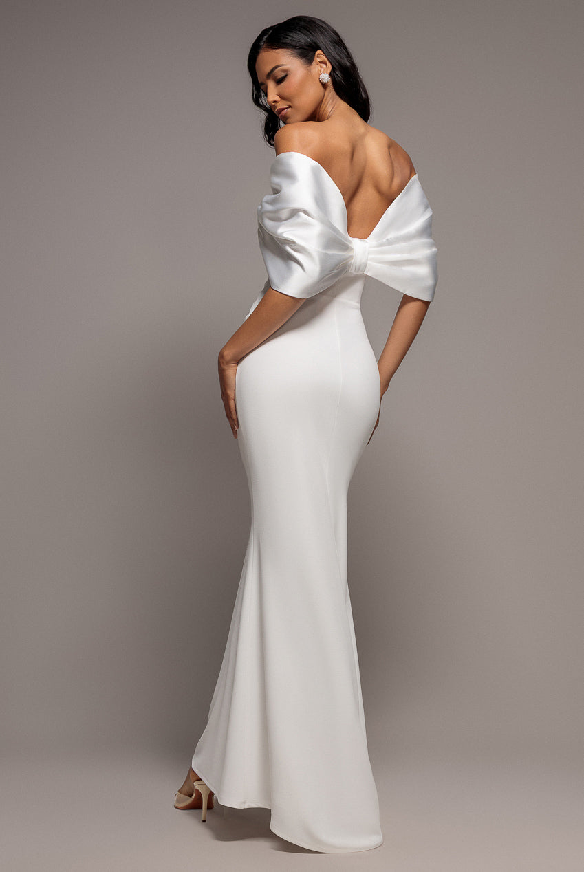 Goddiva Off Shoulder Back Satin Bow Scuba Maxi Dress - White