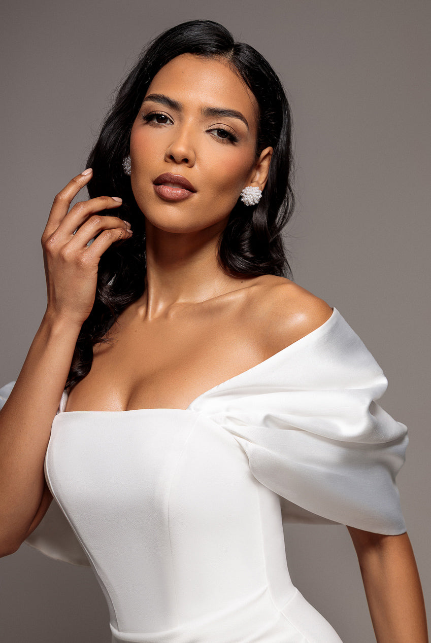 Goddiva Off Shoulder Back Satin Bow Scuba Maxi Dress - White