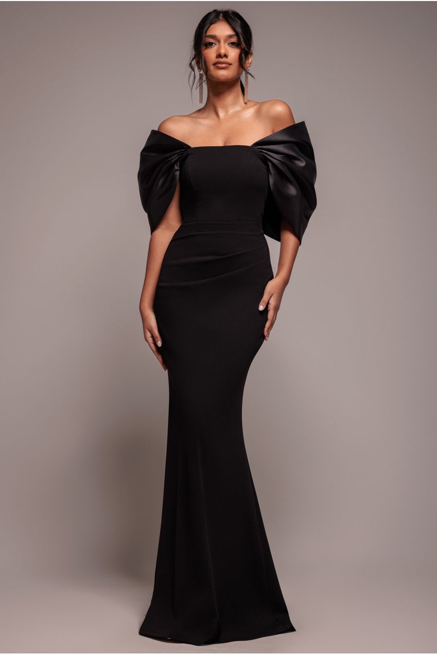 Goddiva Off Shoulder Back Satin Bow Scuba Maxi Dress - Black