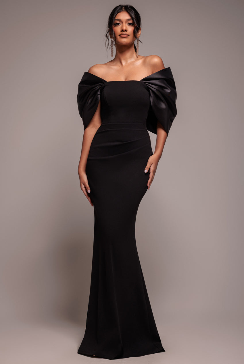 Goddiva Off Shoulder Back Satin Bow Scuba Maxi Dress - Black
