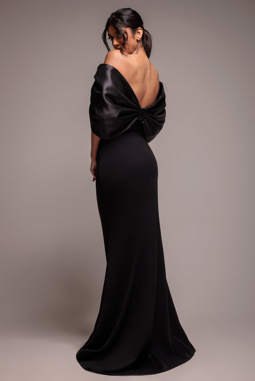 Goddiva Off Shoulder Back Satin Bow Scuba Maxi Dress - Black