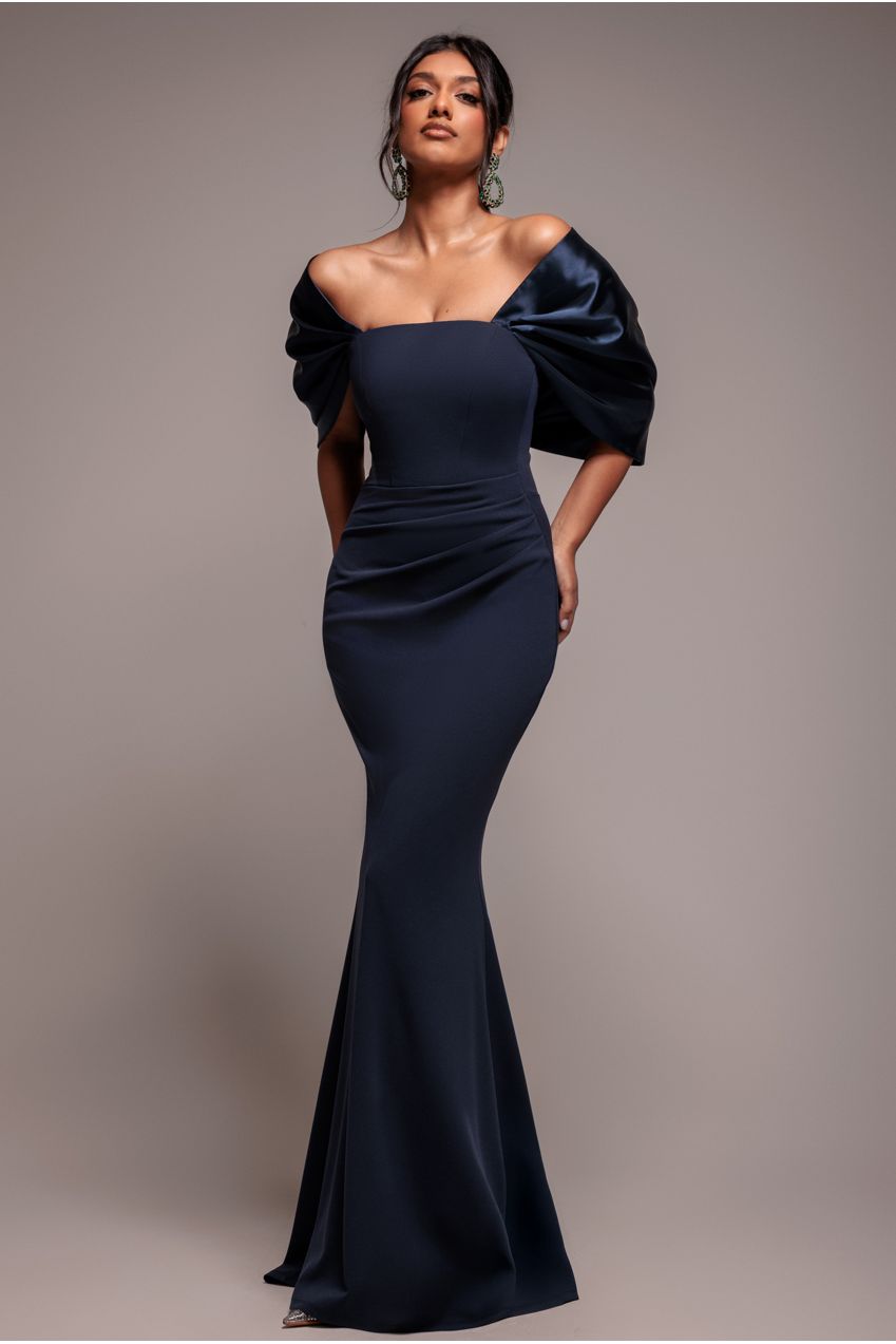 Goddiva Off Shoulder Back Satin Bow Scuba Maxi Dress - Navy Blue