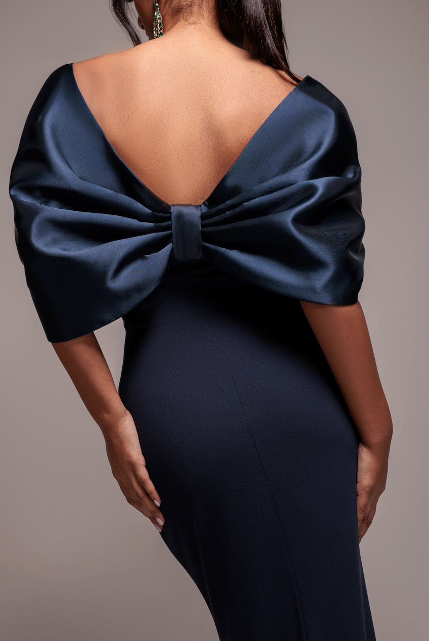 Goddiva Off Shoulder Back Satin Bow Scuba Maxi Dress - Navy Blue