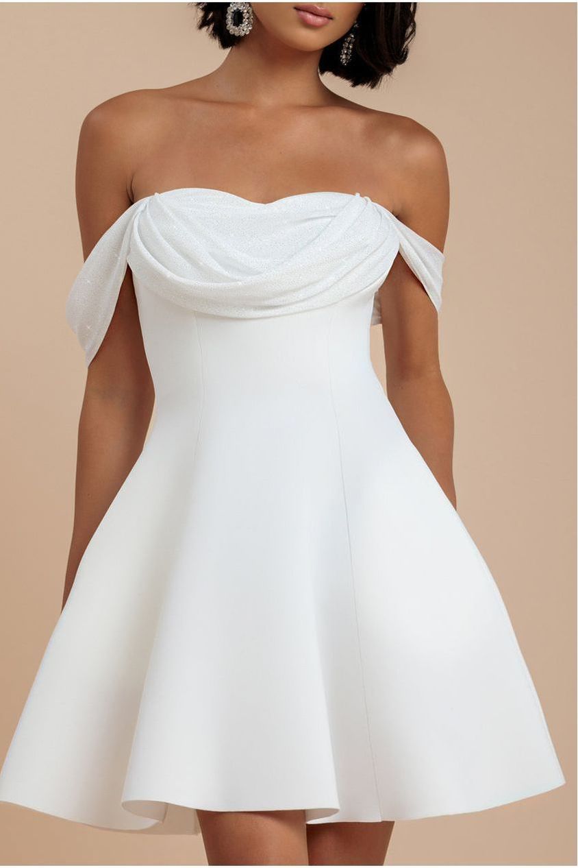 Goddiva Sparkle Chiffon Cowl Bardot Skater Mini Dress - Cream