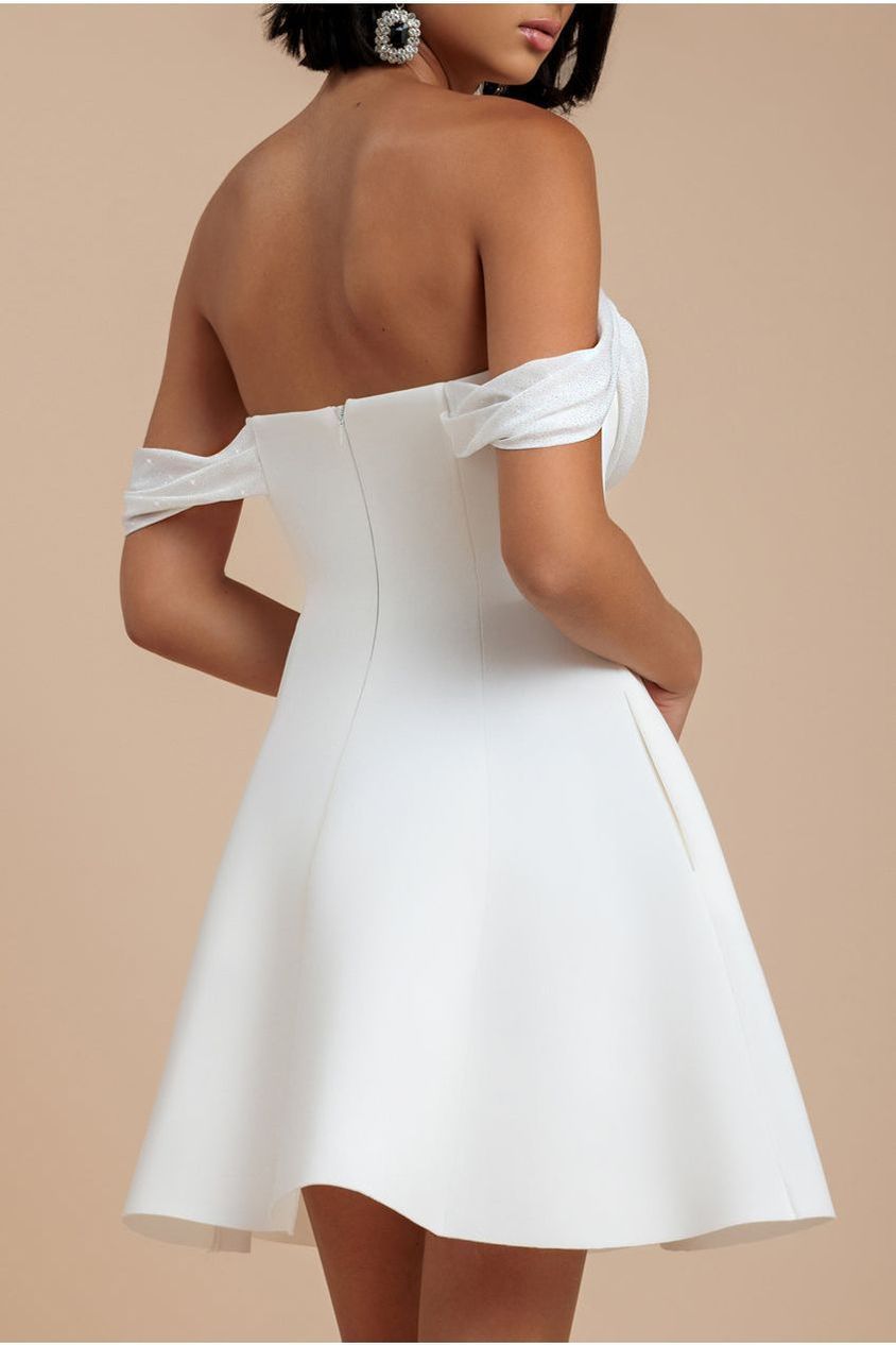 Goddiva Sparkle Chiffon Cowl Bardot Skater Mini Dress - Cream