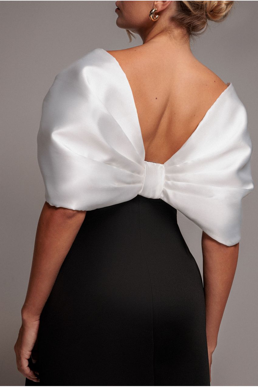 Goddiva Contrast Off Shoulder Back Satin Bow Scuba Mini Dress - Black Cream