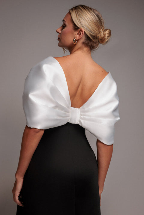 Goddiva Contrast Off Shoulder Back Satin Bow Scuba Mini Dress - Black Cream
