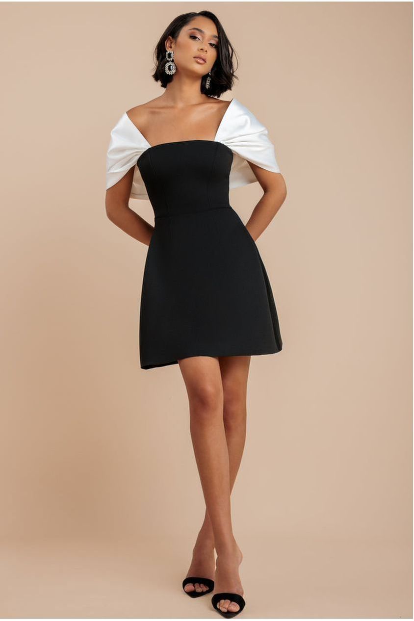 Goddiva Contrast Off Shoulder Back Satin Bow Scuba Mini Dress - Black Cream