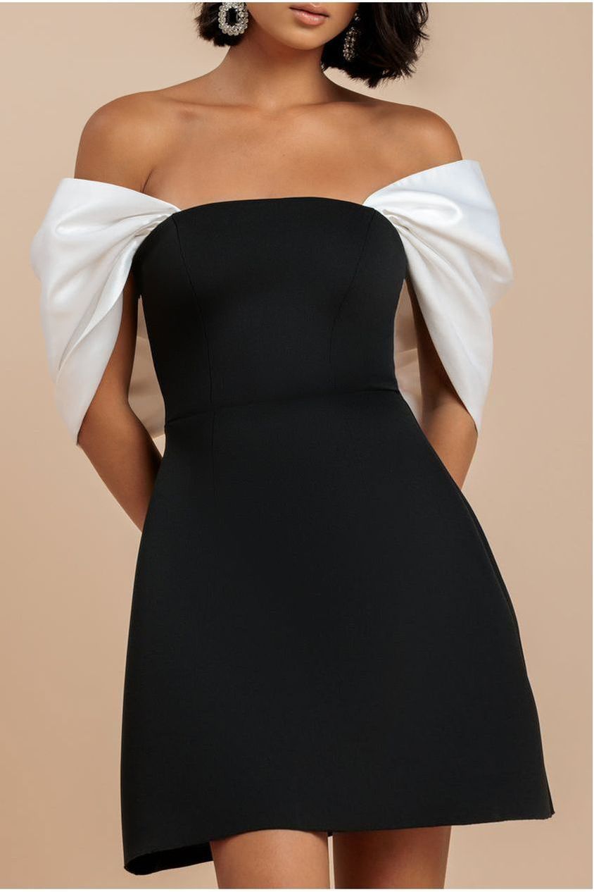 Goddiva Contrast Off Shoulder Back Satin Bow Scuba Mini Dress - Black Cream
