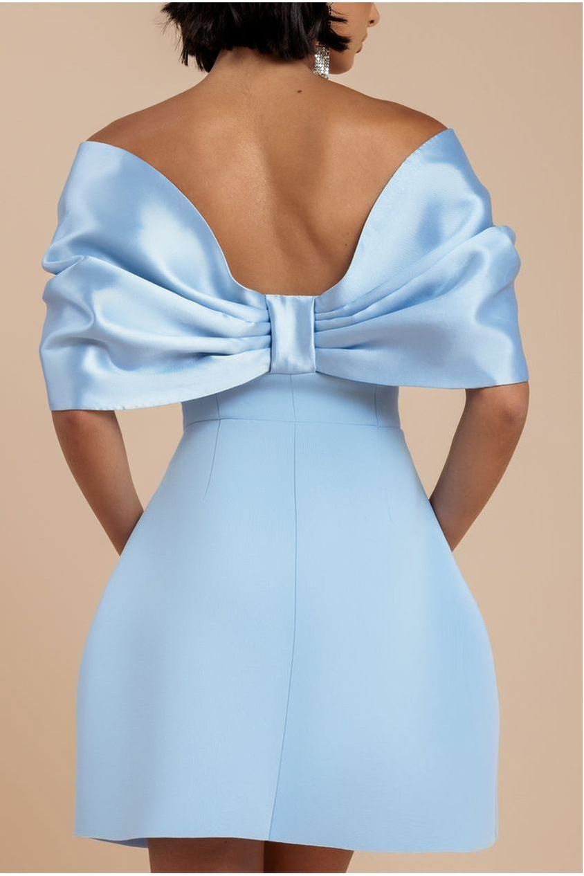 Goddiva Off Shoulder Back Satin Bow Scuba Mini Dress - Light Blue