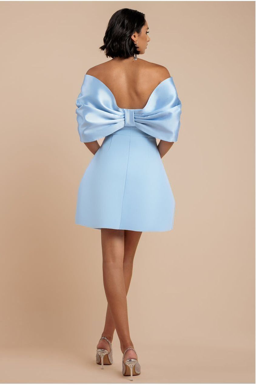 Goddiva Off Shoulder Back Satin Bow Scuba Mini Dress - Light Blue