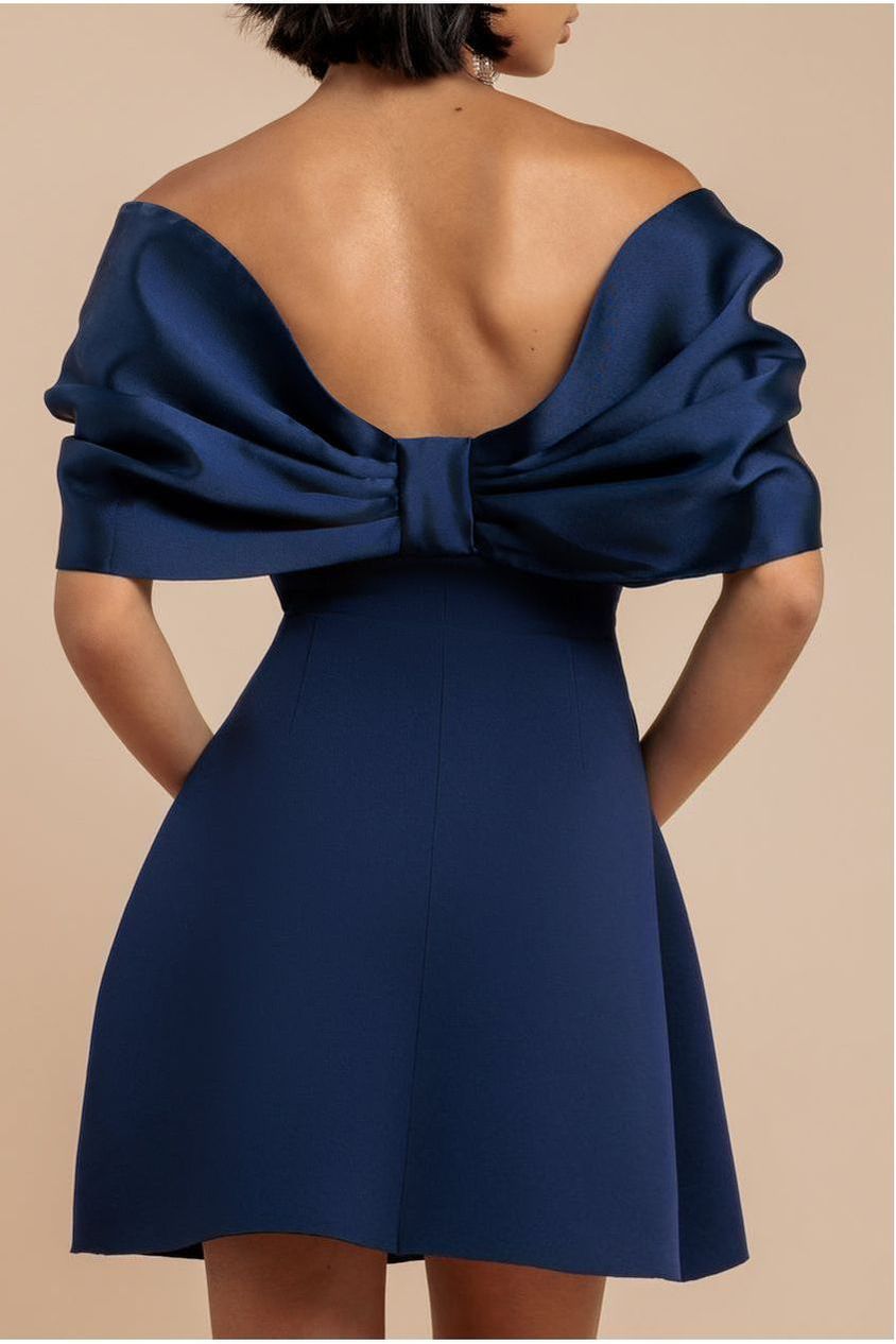 Goddiva Off Shoulder Back Satin Bow Scuba Mini Dress - Navy Blue