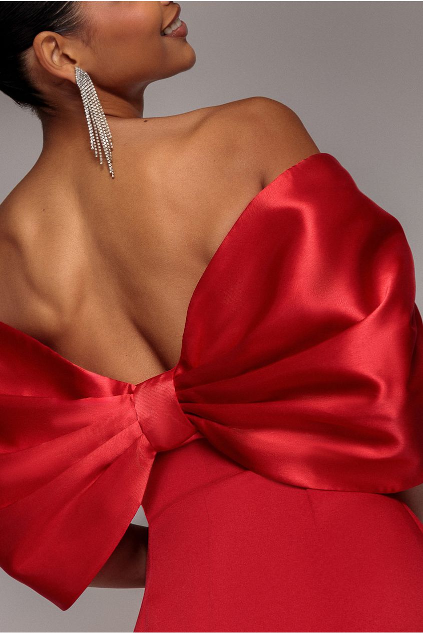 Goddiva Off Shoulder Back Satin Bow Scuba Mini Dress - Red