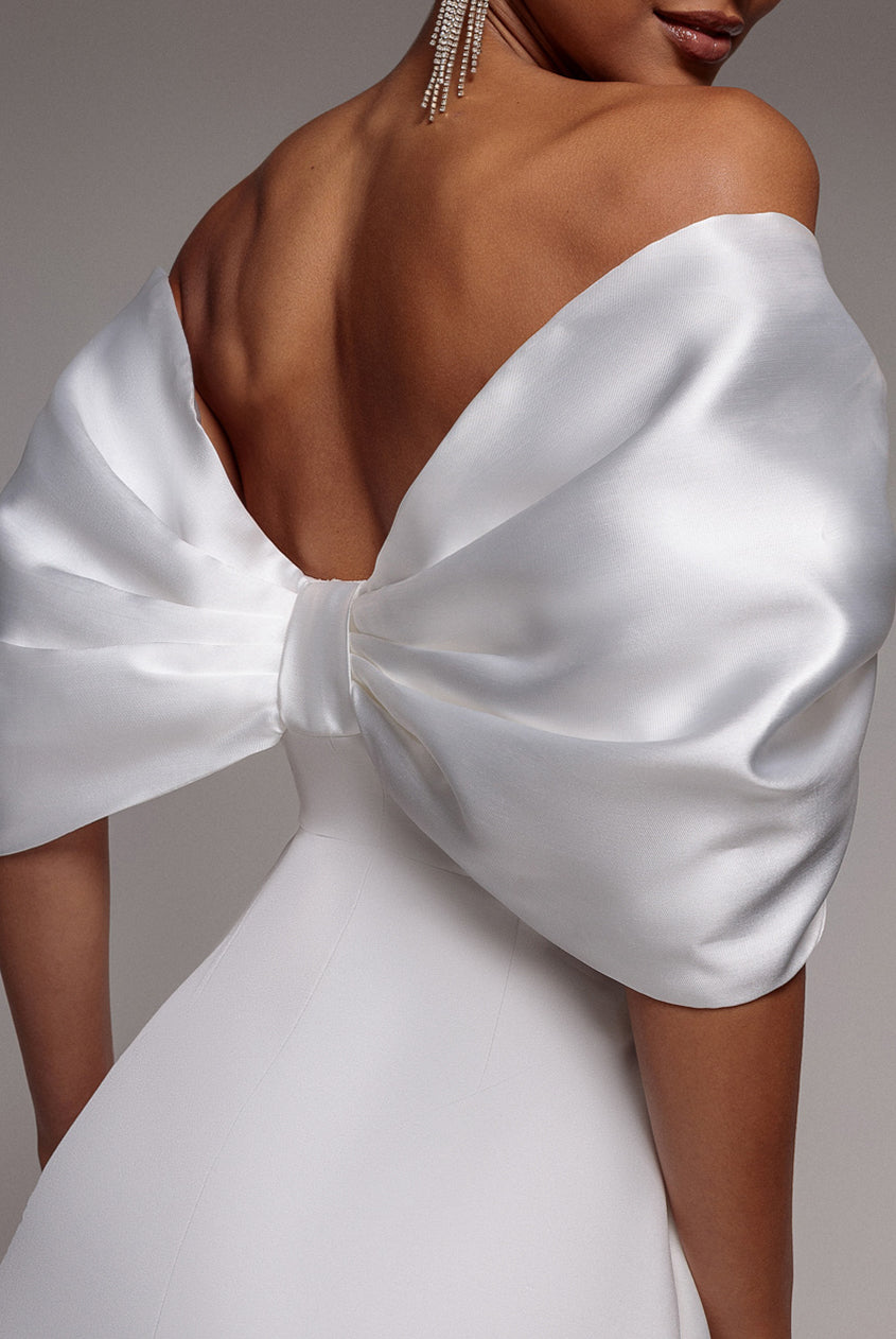 Goddiva Off Shoulder Back Satin Bow Scuba Mini Dress - White