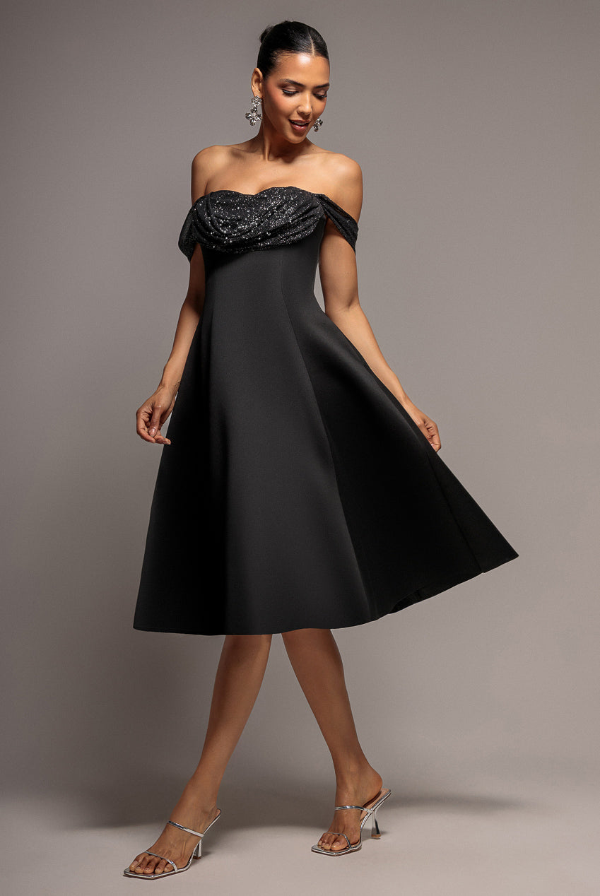 Goddiva Sparkle Chiffon Cowl Bardot Skater Midi Dress - Black