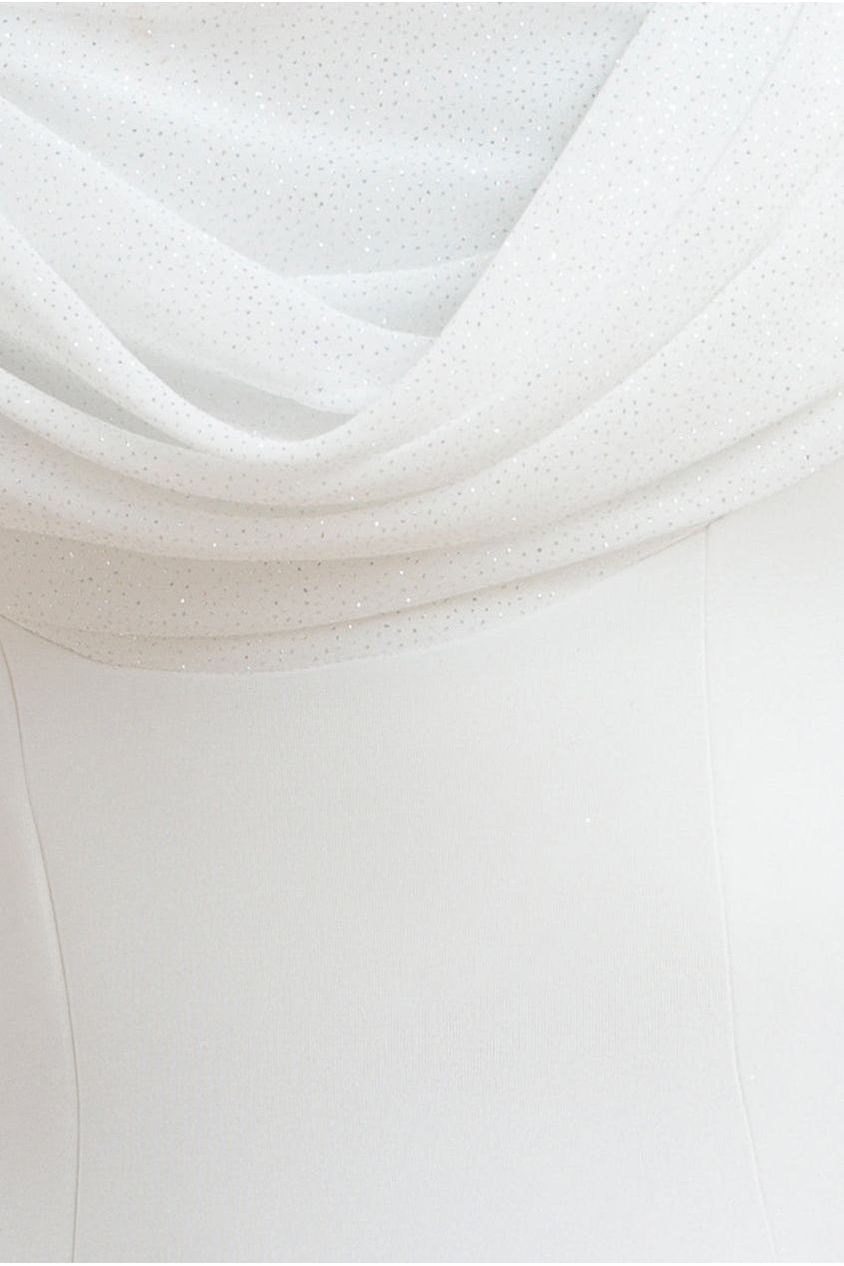 Goddiva Sparkle Chiffon Cowl Bardot Skater Midi Dress - Cream