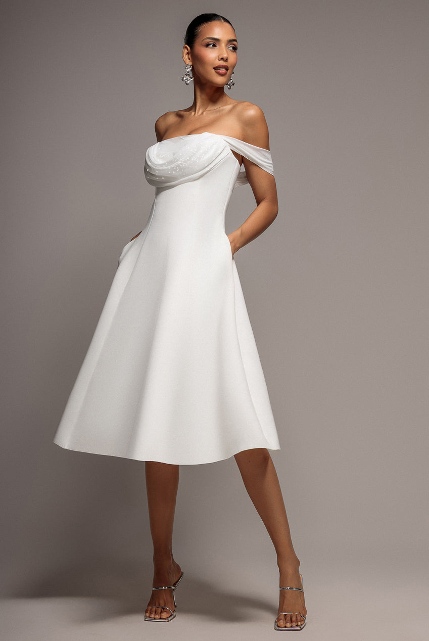Goddiva Sparkle Chiffon Cowl Bardot Skater Midi Dress - Cream
