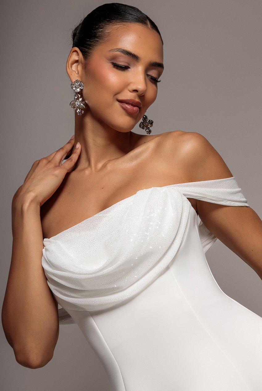 Goddiva Sparkle Chiffon Cowl Bardot Skater Midi Dress - Cream