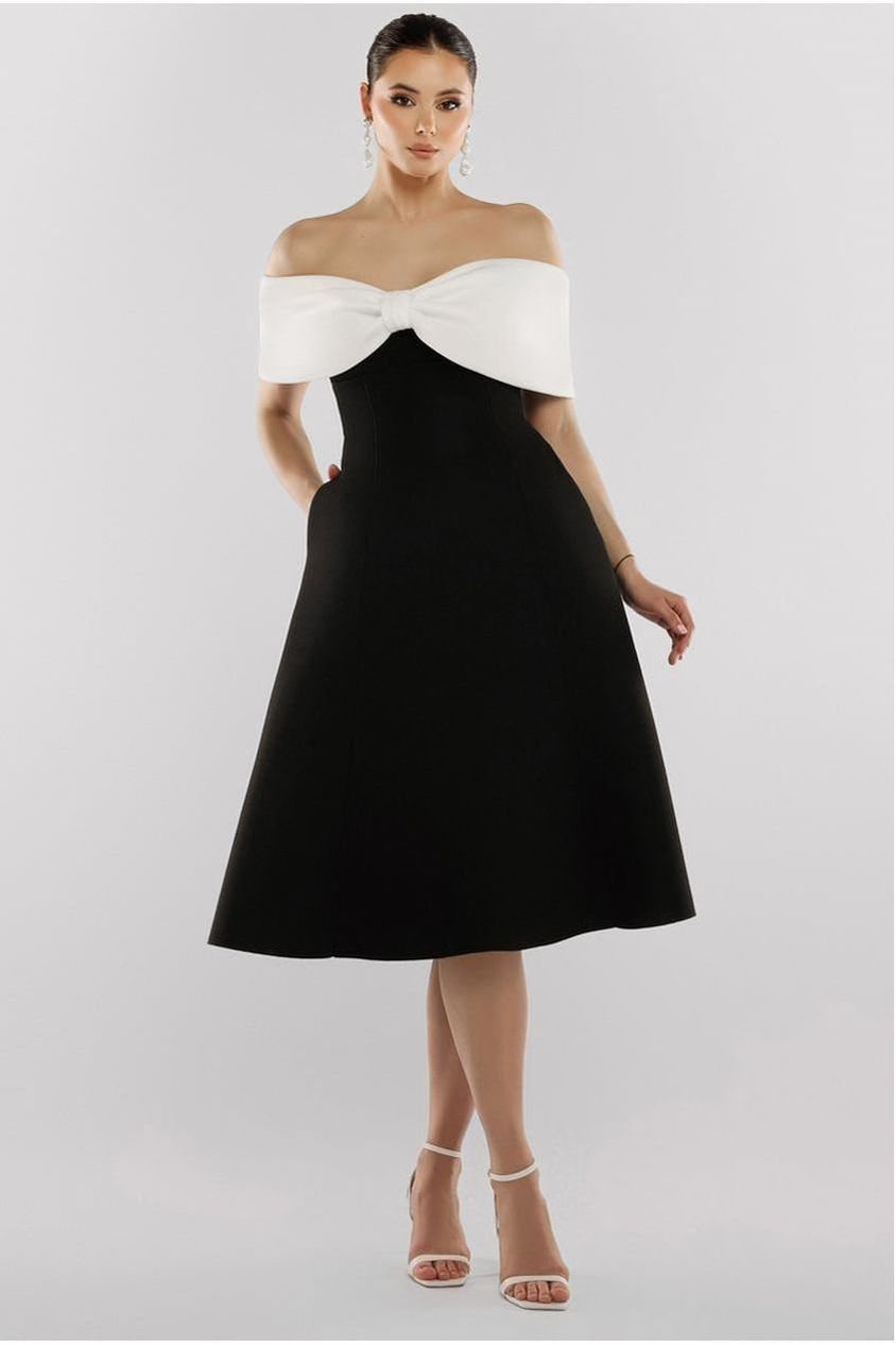 Goddiva Bow Off The Shoulder A Line Midi Dress - Black Cream