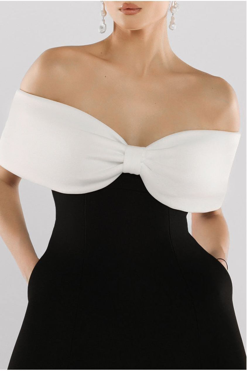 Goddiva Bow Off The Shoulder A Line Midi Dress - Black Cream
