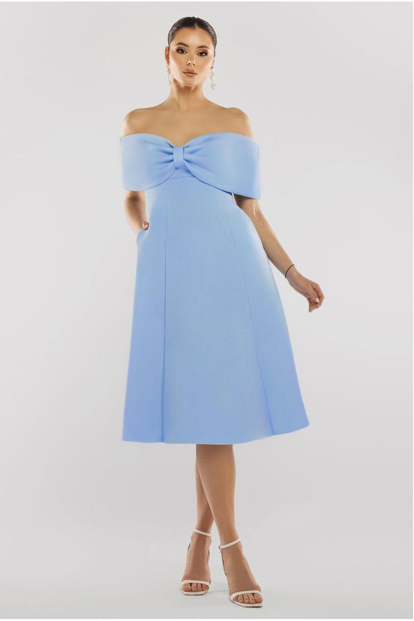 Goddiva Bow Off The Shoulder A Line Midi Dress - Baby Blue