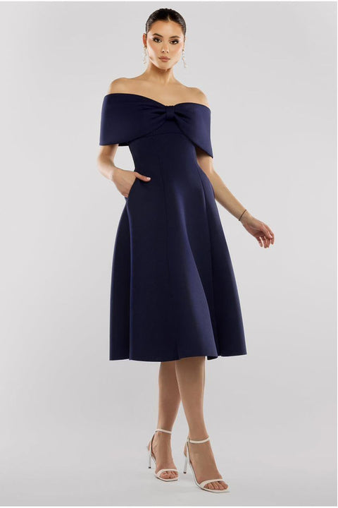 Goddiva Bow Off The Shoulder A Line Midi Dress - Navy Blue