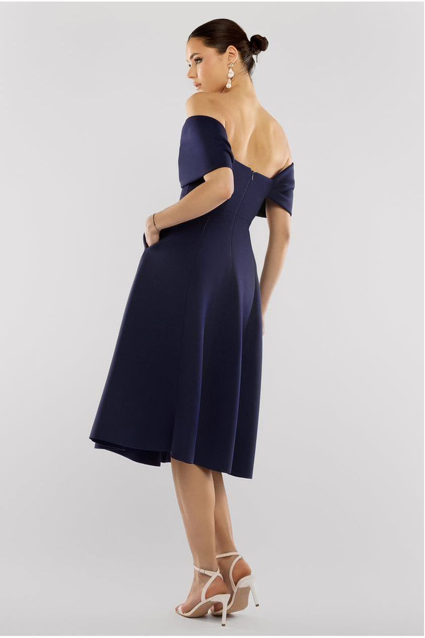 Goddiva Bow Off The Shoulder A Line Midi Dress - Navy Blue
