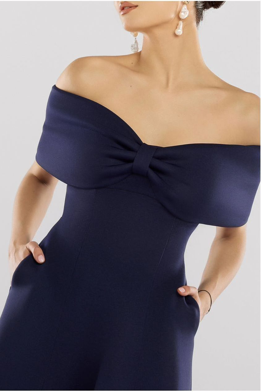 Goddiva Bow Off The Shoulder A Line Midi Dress - Navy Blue
