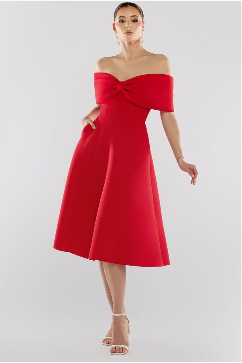 Goddiva Bow Off The Shoulder A Line Midi Dress - Red