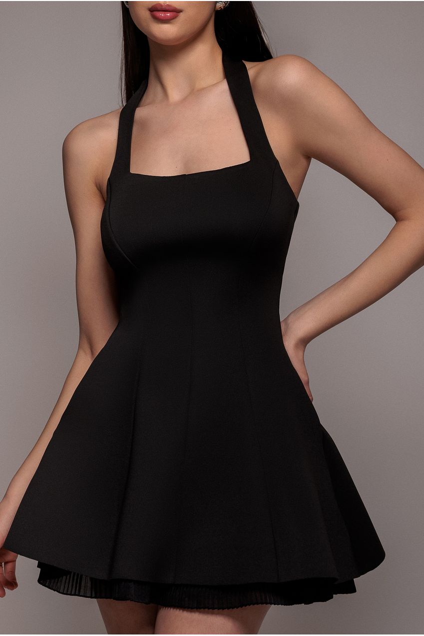 Goddiva Organza Frill Bow Back Halter Mini Dress - Black