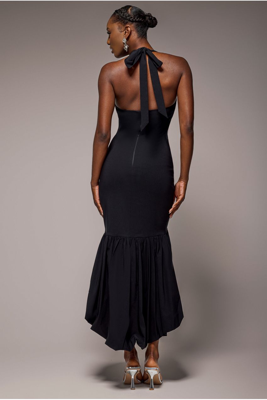 Goddiva Halter Neck Puff Hem Mermaid Midaxi Dress - Black