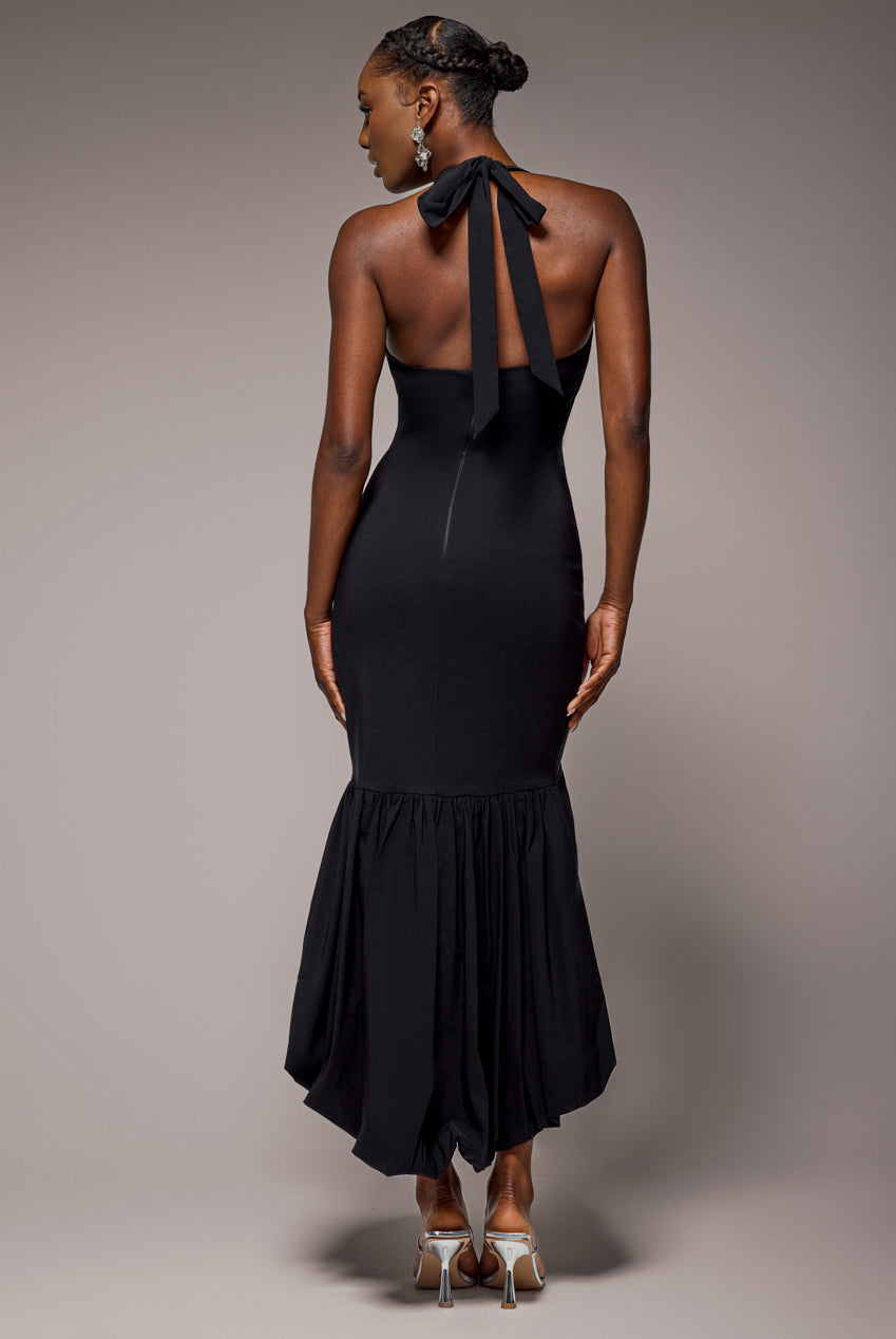 Goddiva Halter Neck Puff Hem Mermaid Midaxi Dress - Black