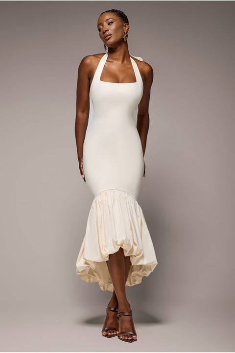 Goddiva Halter Neck Puff Hem Mermaid Midaxi Dress - Cream