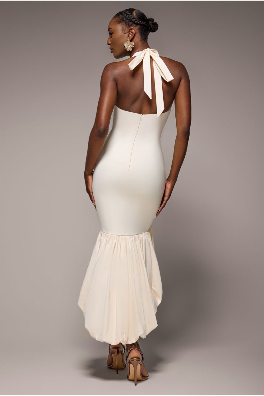 Goddiva Halter Neck Puff Hem Mermaid Midaxi Dress - Cream