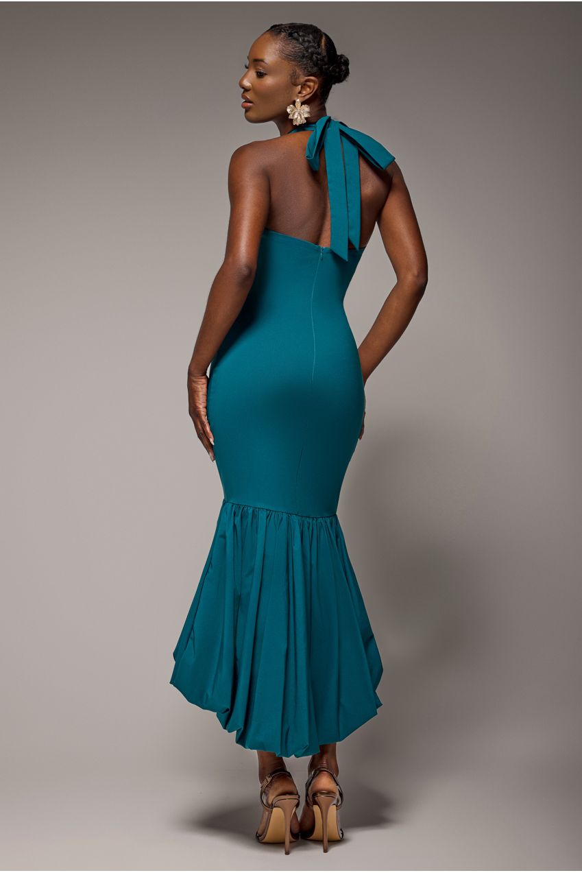 Goddiva Halter Neck Puff Hem Mermaid Midaxi Dress - Emerald Green