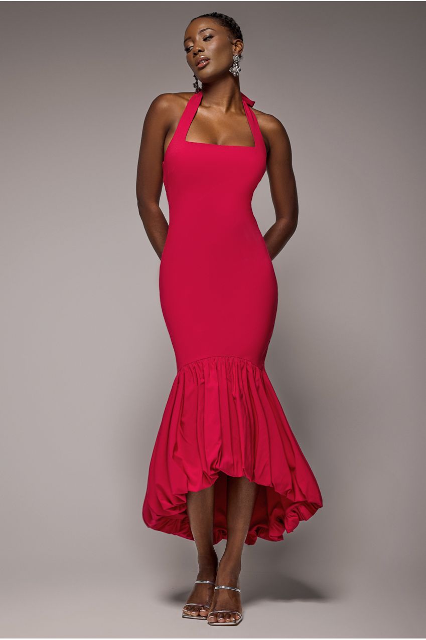 Goddiva Halter Neck Puff Hem Mermaid Midaxi Dress - Red