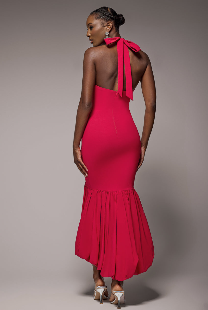 Goddiva Halter Neck Puff Hem Mermaid Midaxi Dress - Red